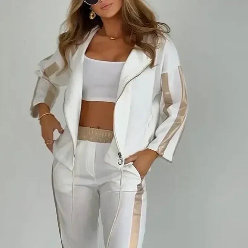 Striped leisure two-piece with hood & waistband – Cosima-White-S-The Livary