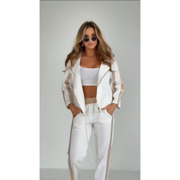 Striped leisure two-piece with hood & waistband – Cosima-White-S-The Livary