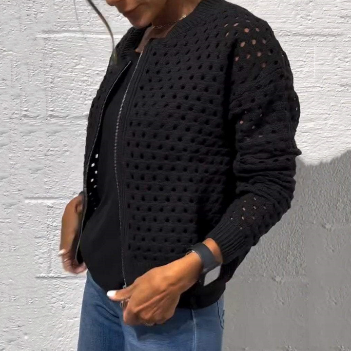 Zipper cardigan with airy structure – Fenja-Black-S-The Livary