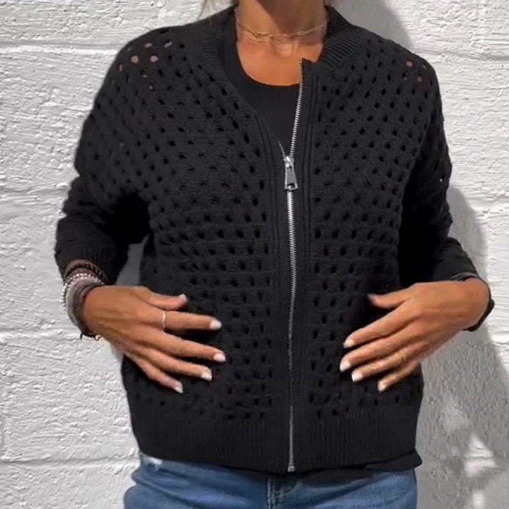 Zipper cardigan with airy structure – Fenja-Black-S-The Livary