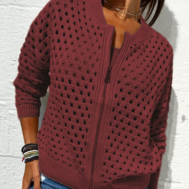 Zipper cardigan with airy structure – Fenja-Burgundy red-S-The Livary