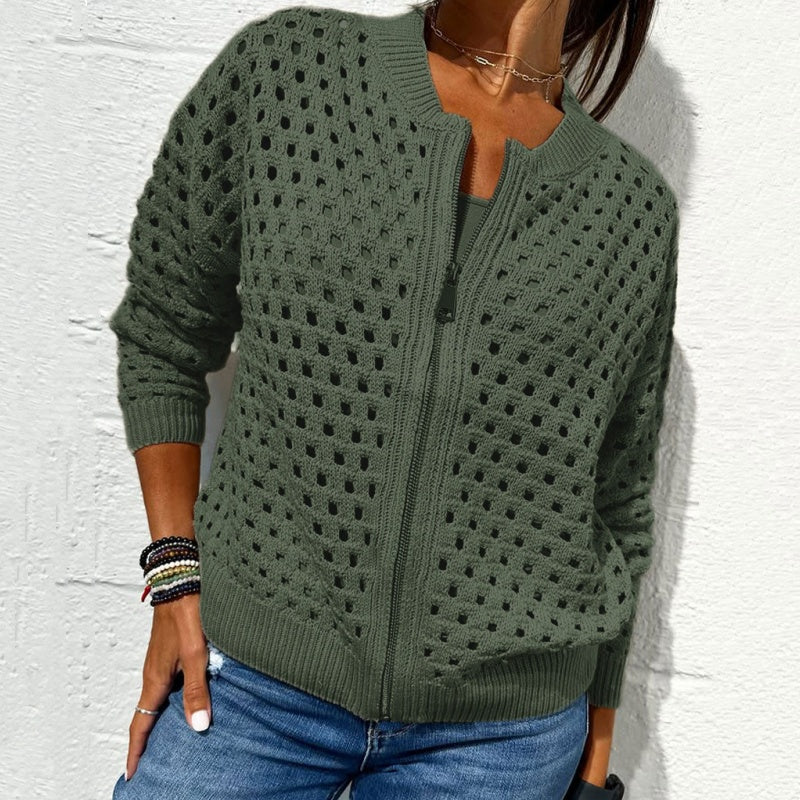 Zipper cardigan with airy structure – Fenja-Green-S-The Livary