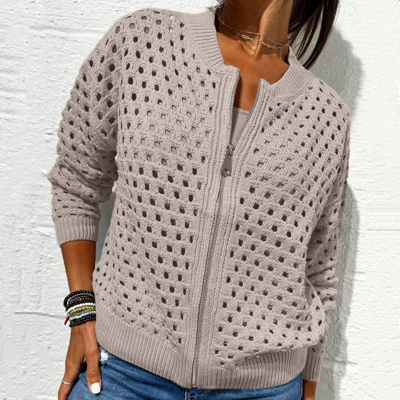 Zipper cardigan with airy structure – Fenja-Khaki-S-The Livary