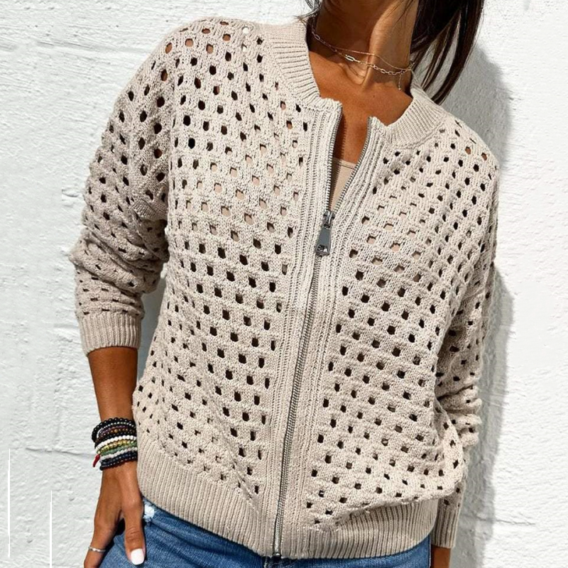 Zipper cardigan with airy structure – Fenja-Beige-S-The Livary