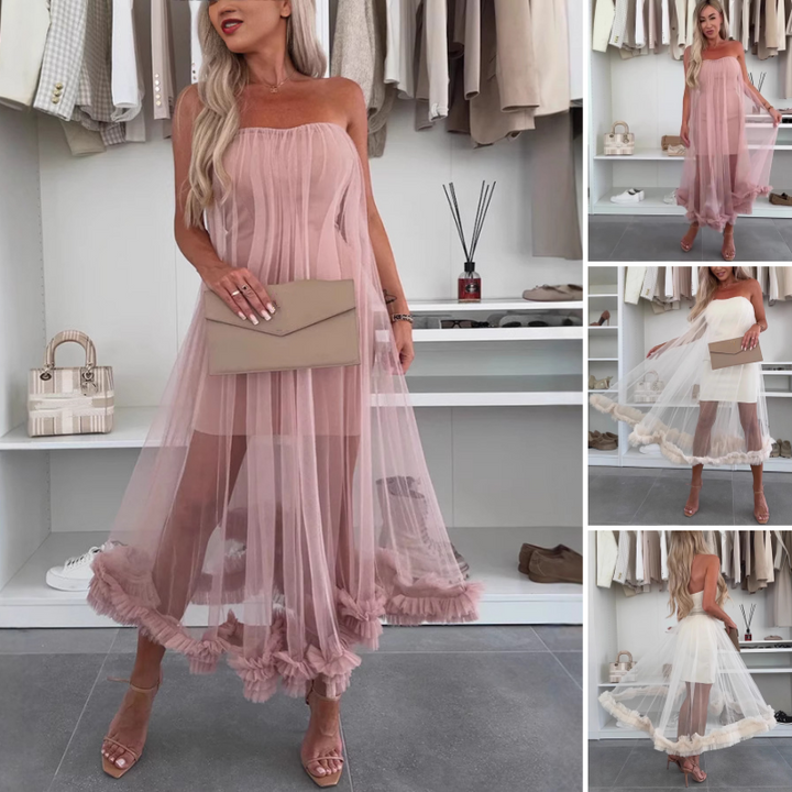 Off-the-shoulder tulle dress with ruffles - Nea-White-S-The Livary