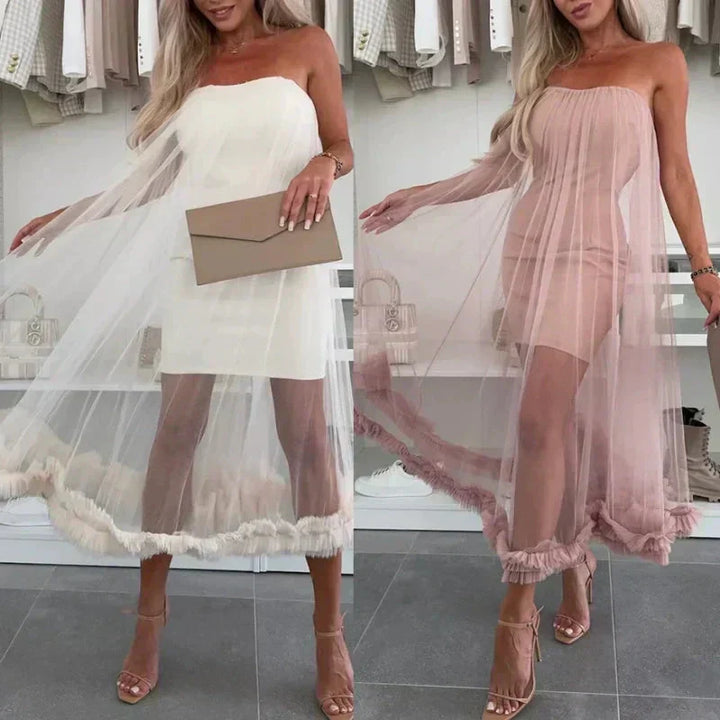 Off-the-shoulder tulle dress with ruffles - Nea-White-S-The Livary