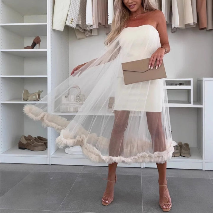 Off-the-shoulder tulle dress with ruffles - Nea-White-S-The Livary