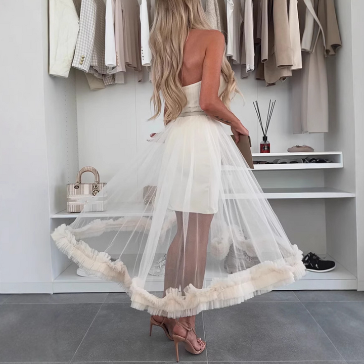 Off-the-shoulder tulle dress with ruffles - Nea-White-S-The Livary