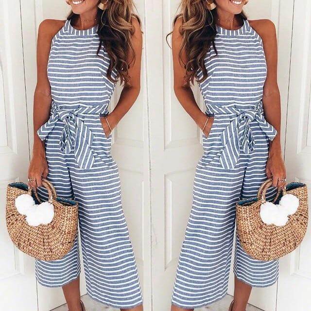 Airy & Stylish Women's Jumpsuit with Waist Belt and Stripes – Nayla-Blue-S-The Livary