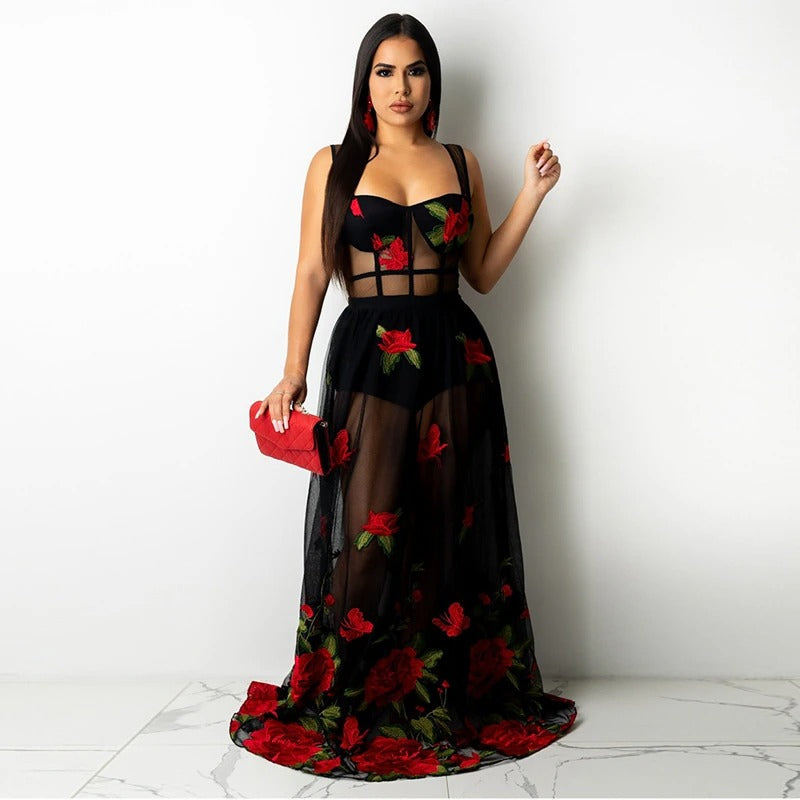 Maxi dress with floral embroidery and spaghetti straps – Rosalie-S-The Livary
