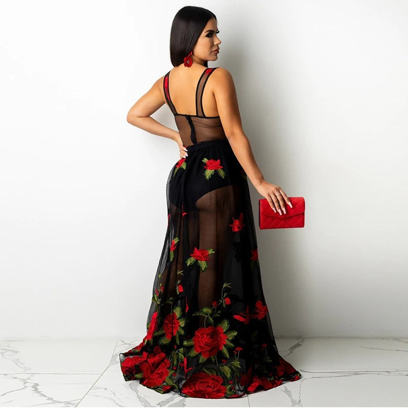 Maxi dress with floral embroidery and spaghetti straps – Rosalie-S-The Livary