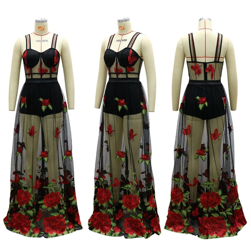 Maxi dress with floral embroidery and spaghetti straps – Rosalie-S-The Livary