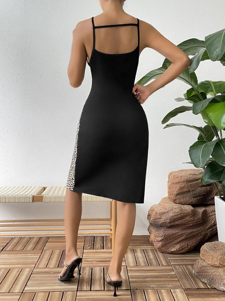 Trendy summer tunic dress with ethnic print & spaghetti straps – Kiara-Leopard print-S-The Livary