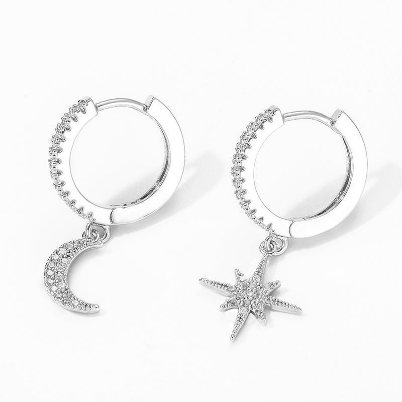 Beautiful Earrings with Moon and Star - Lunara-Silver-The Livary
