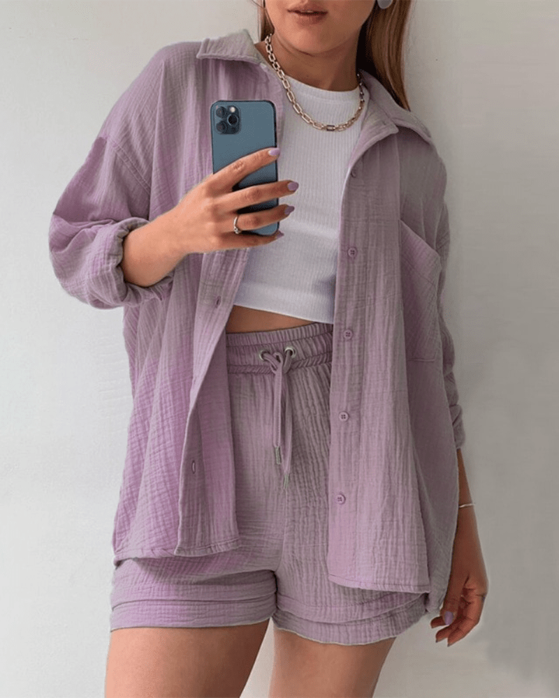 Two-piece women's summer outfit with shirt and trousers – Mila-Violet-S-The Livary