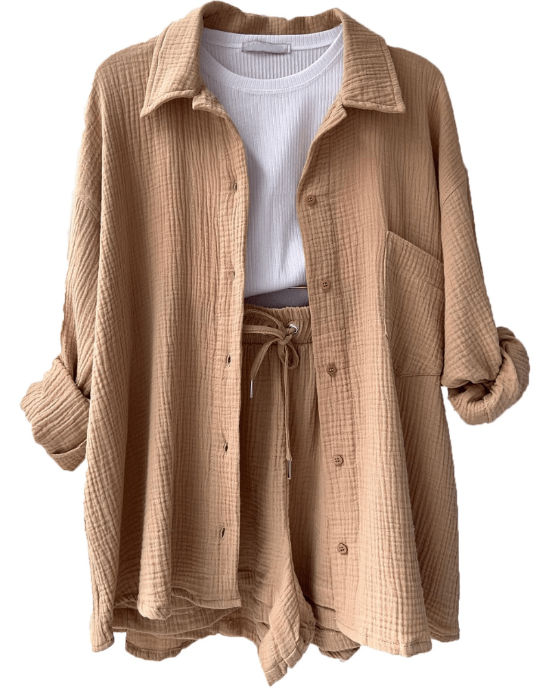 Two-piece women's summer outfit with shirt and trousers – Mila-Khaki-S-The Livary