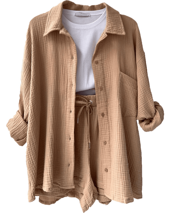 Two-piece women's summer outfit with shirt and trousers – Mila-Khaki-S-The Livary
