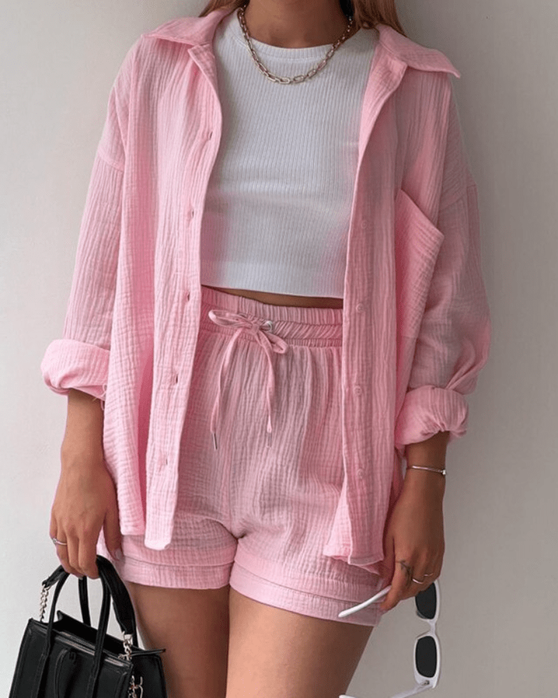 Two-piece women's summer outfit with shirt and trousers – Mila-Light pink-S-The Livary