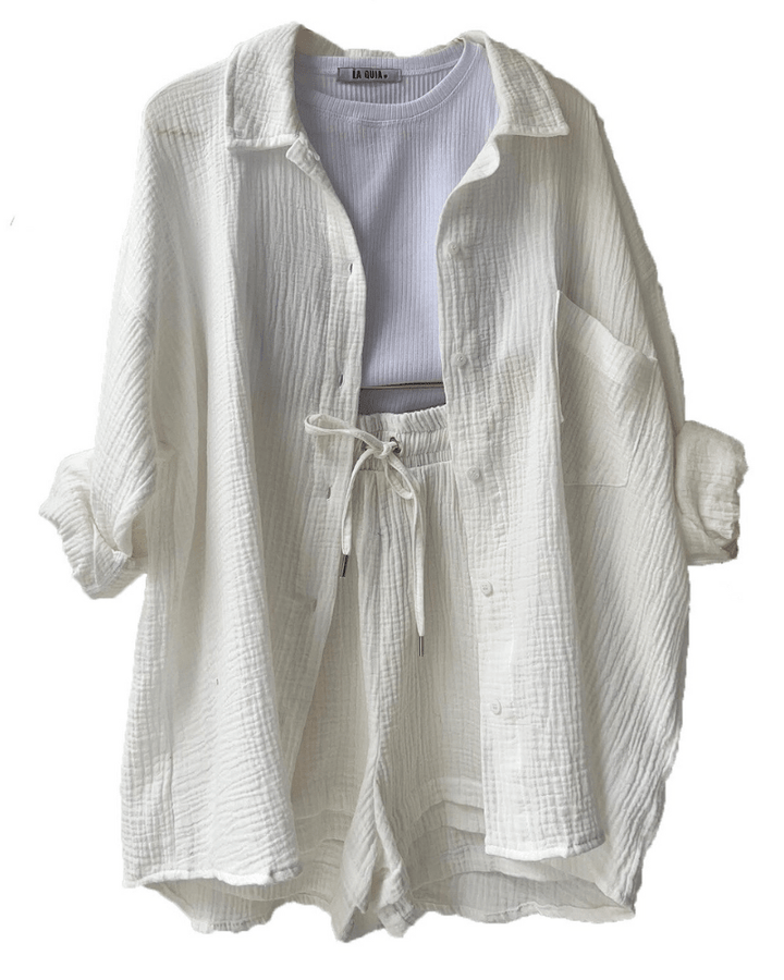 Two-piece women's summer outfit with shirt and trousers – Mila-White-S-The Livary