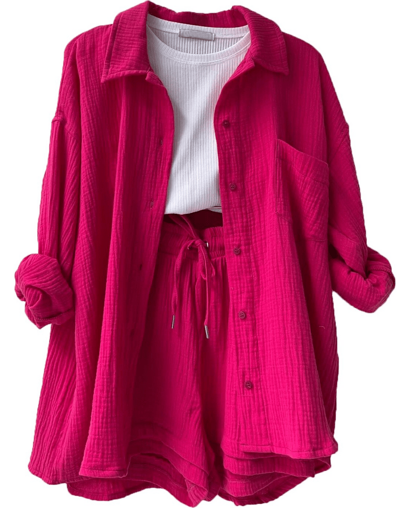 Two-piece women's summer outfit with shirt and trousers – Mila-Pink-S-The Livary