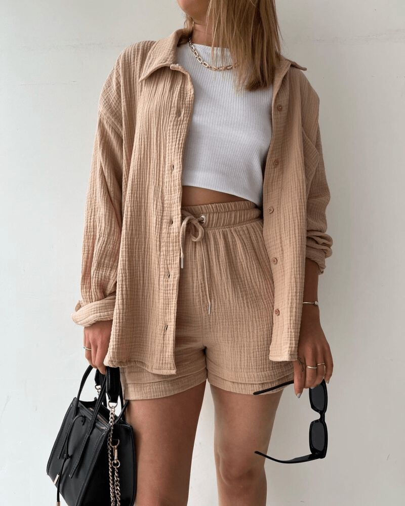 Two-piece women's summer outfit with shirt and trousers – Mila-Khaki-S-The Livary