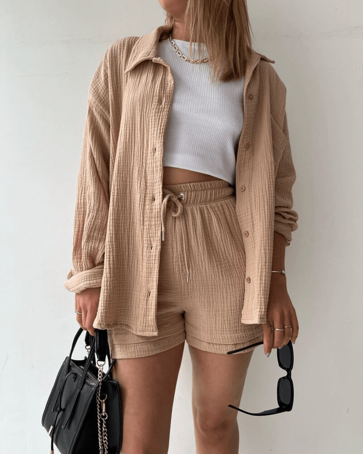Two-piece women's summer outfit with shirt and trousers – Mila-Khaki-S-The Livary