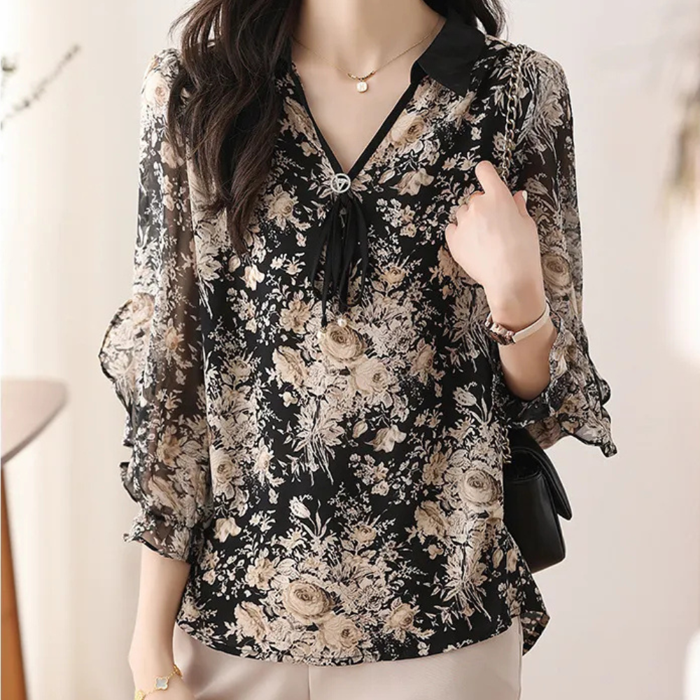 Floral Black Blouse with Collar for Women - Noëlle-XS-The Livary