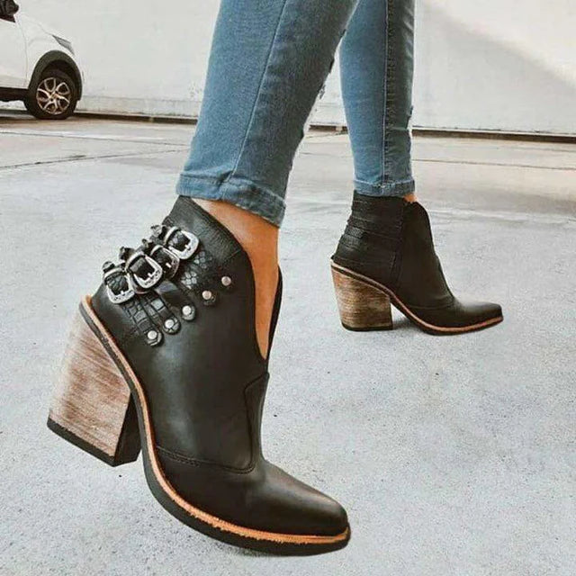 Ladies Ankle Boots with V-Cut and Buckle Detail – Léa-Black-4.5-The Livary