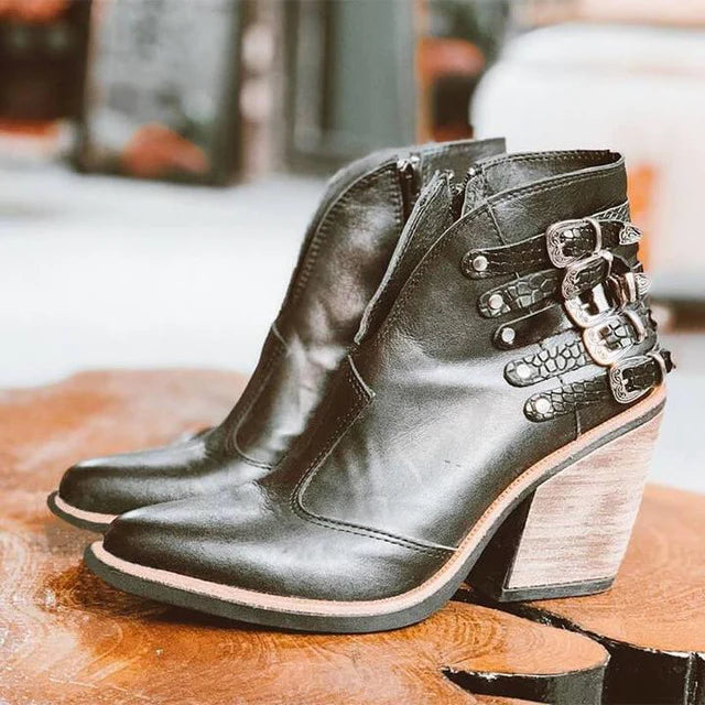 Ladies Ankle Boots with V-Cut and Buckle Detail – Léa-Black-4.5-The Livary