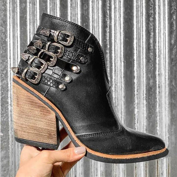 Ladies Ankle Boots with V-Cut and Buckle Detail – Léa-Black-4.5-The Livary