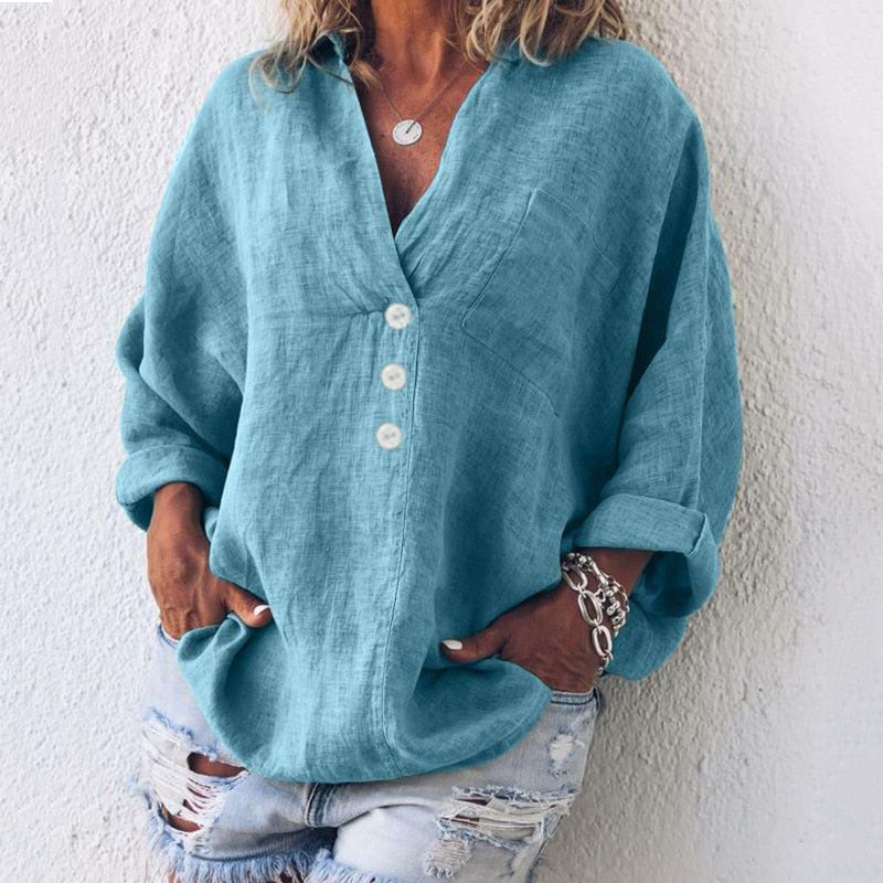 Lightweight women's linen blouse with button placket and V-neck – Elodie-Blue-S-The Livary