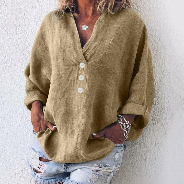 Lightweight women's linen blouse with button placket and V-neck – Elodie-Khaki-S-The Livary