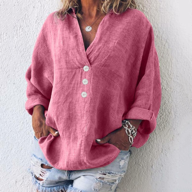Lightweight women's linen blouse with button placket and V-neck – Elodie-Pink-S-The Livary
