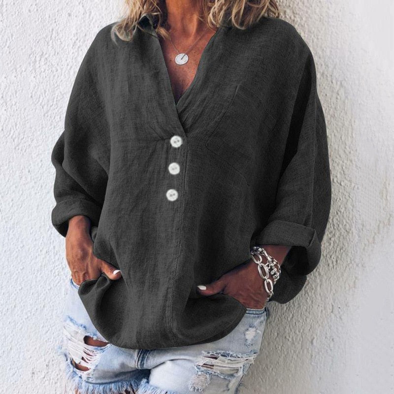 Lightweight women's linen blouse with button placket and V-neck – Elodie-Black-S-The Livary