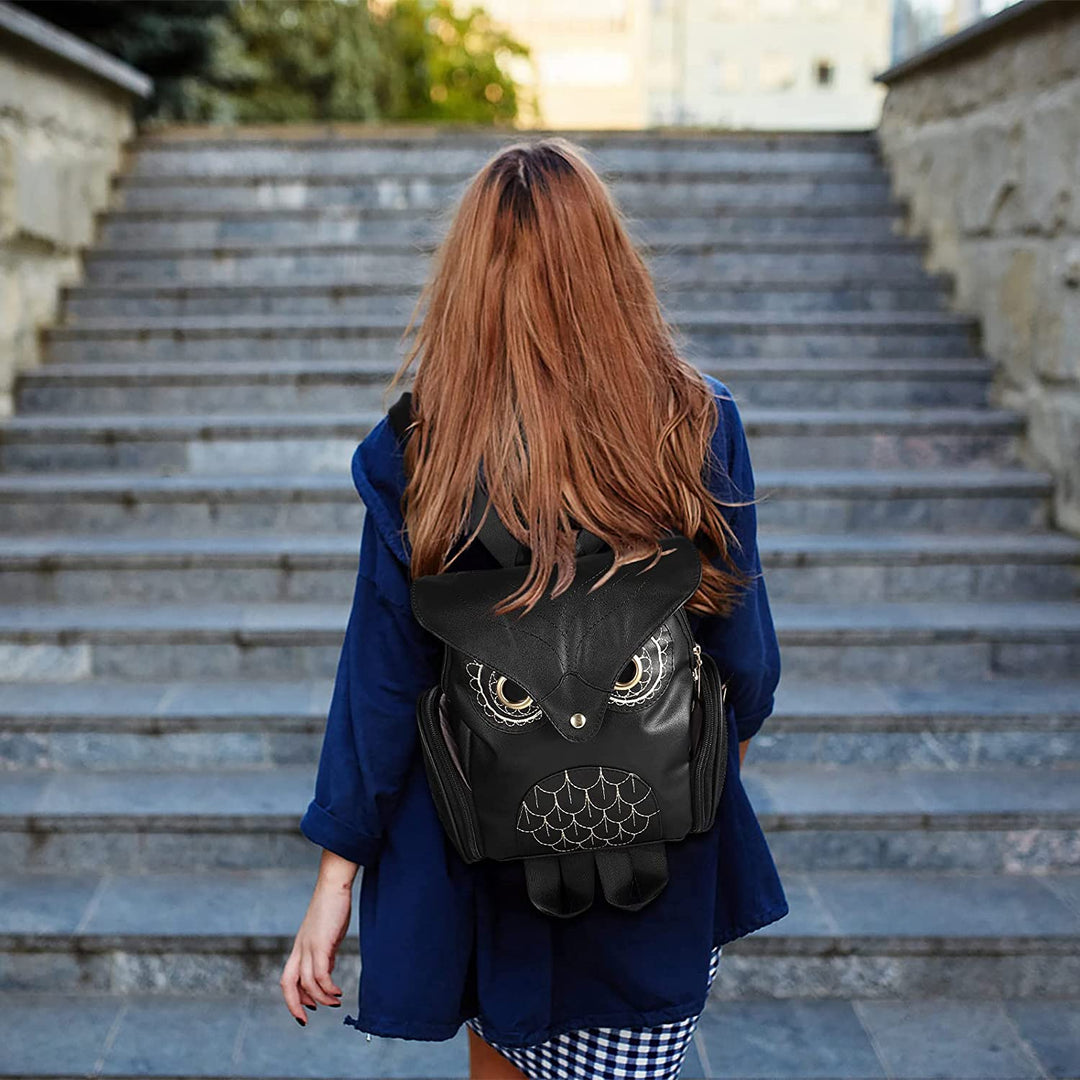 PU Leather Owl Print Backpack for Women – Multi-Pocket Design