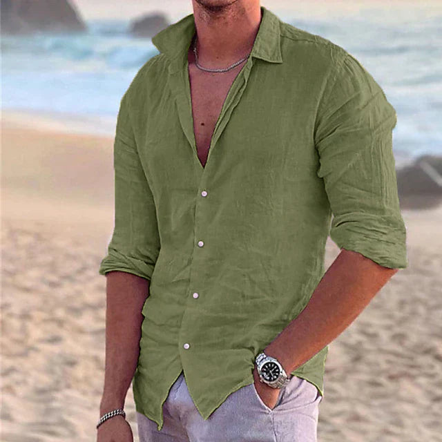 Casual men's linen shirt with long sleeves – Milan-Green-S-The Livary