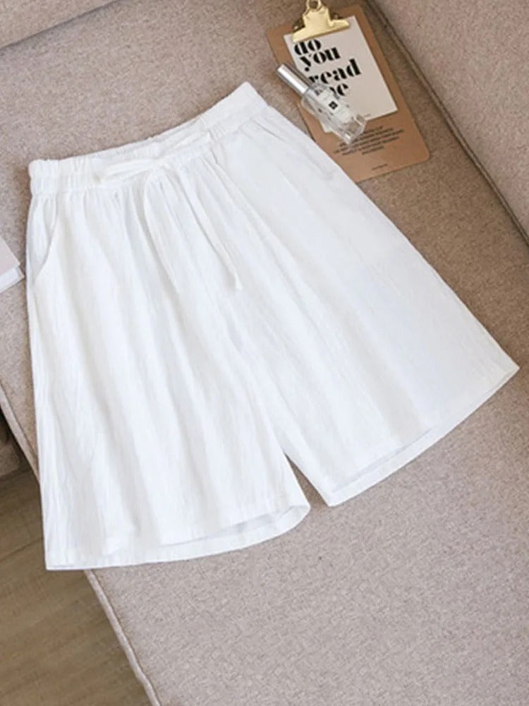 Comfortable & Airy Women's Cotton Shorts with Stretch Waistband – Melina-White-M-The Livary