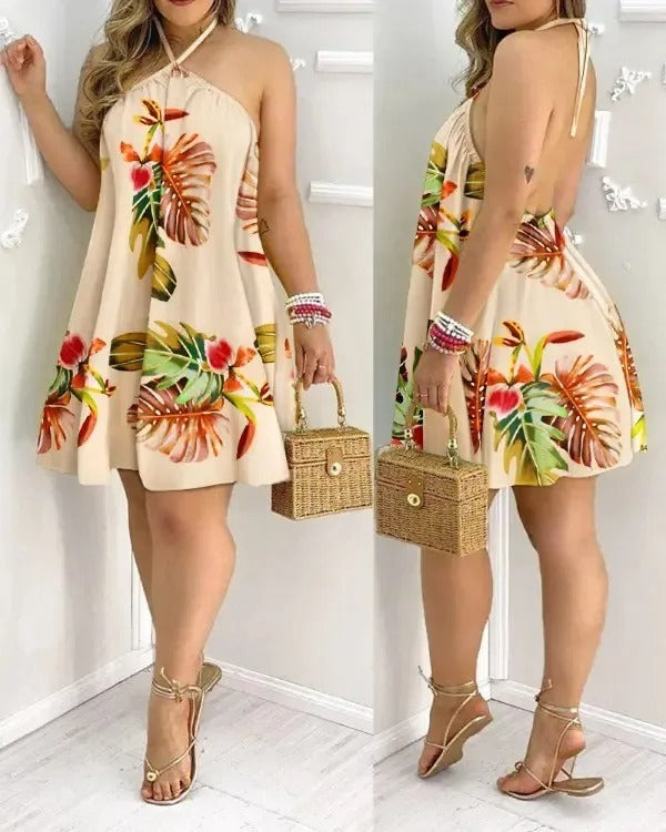 Backless summer dress with tropical print and halterneck - IslandDream-Black-XS-The Livary