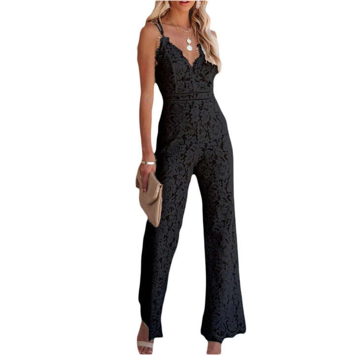 Figure-hugging ladies' jumpsuit with floral pattern and back cut-out - SpitzenBlüte-Black-S-The Livary