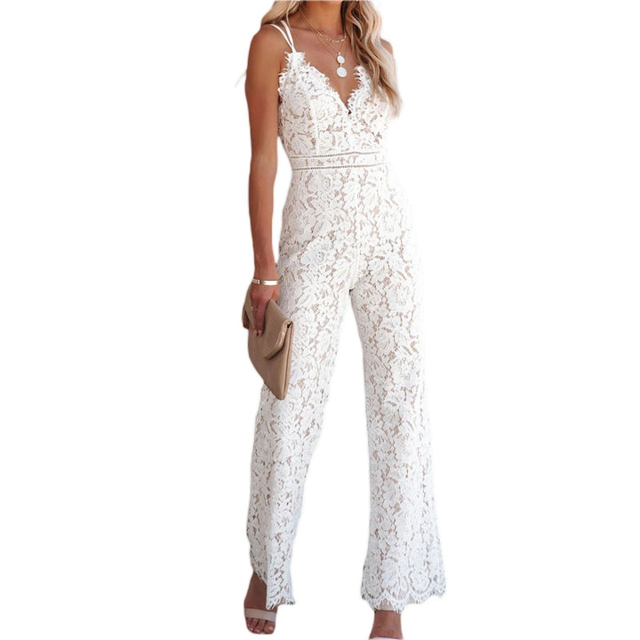 Figure-hugging ladies' jumpsuit with floral pattern and back cut-out - SpitzenBlüte-White-S-The Livary