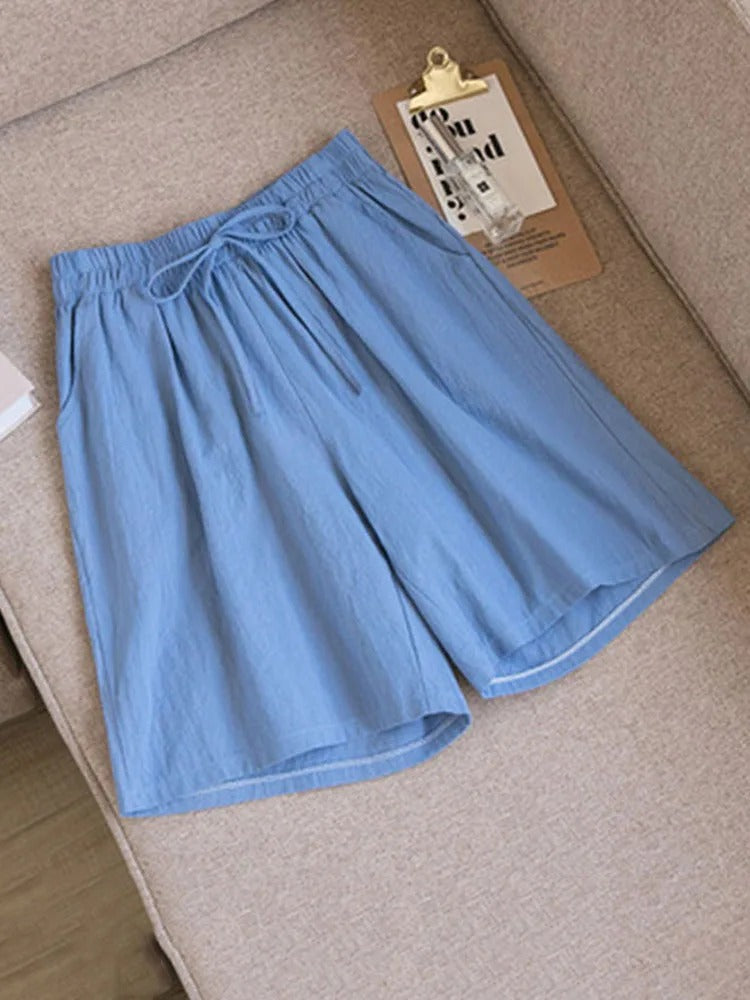 Comfortable & Airy Women's Cotton Shorts with Stretch Waistband – Melina-Blue-M-The Livary