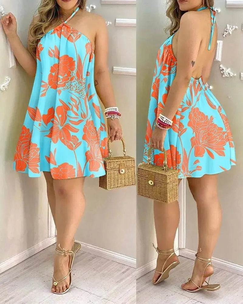 Backless summer dress with tropical print and halterneck - IslandDream-Black-XS-The Livary