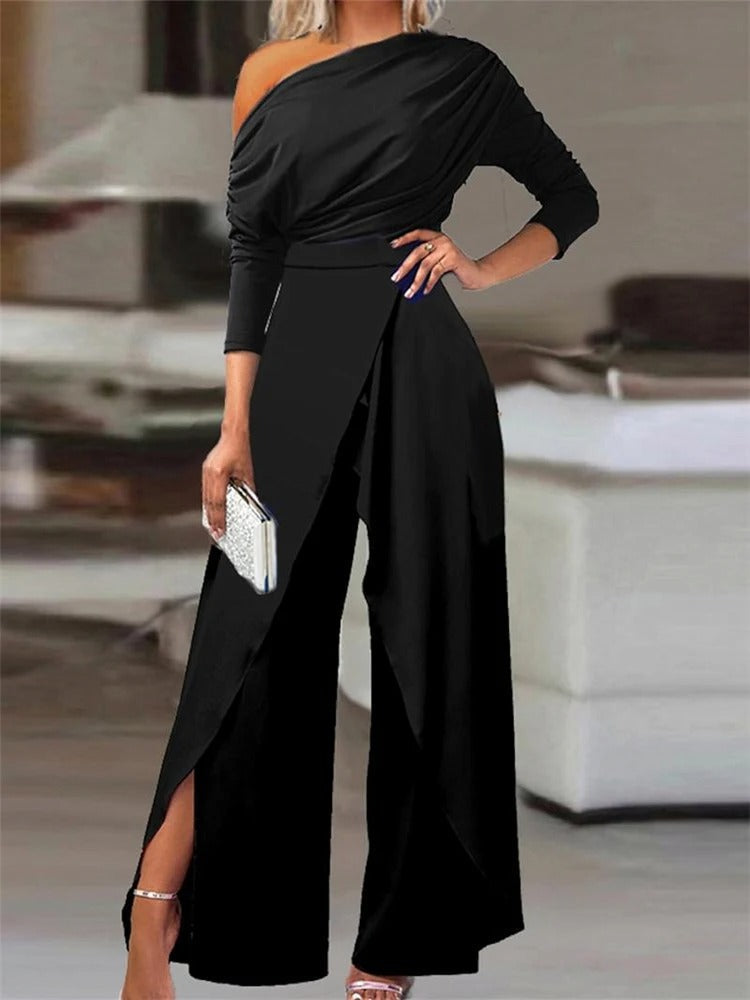 One-Shoulder Jumpsuit with Ruffles - Valerie-Black-S-The Livary