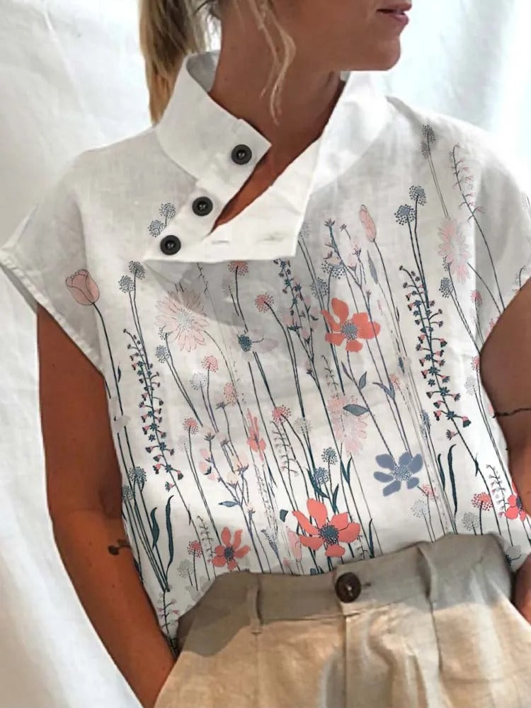 Short-sleeve blouse shirt with playful print – Felicia-Pink flowers-S-The Livary