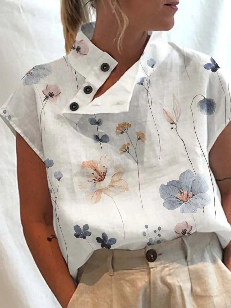 Short-sleeve blouse shirt with playful print – Felicia-Yellow flowers-S-The Livary