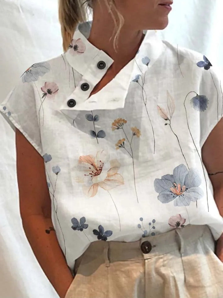 Short-sleeve blouse shirt with playful print – Felicia-Yellow flowers-S-The Livary
