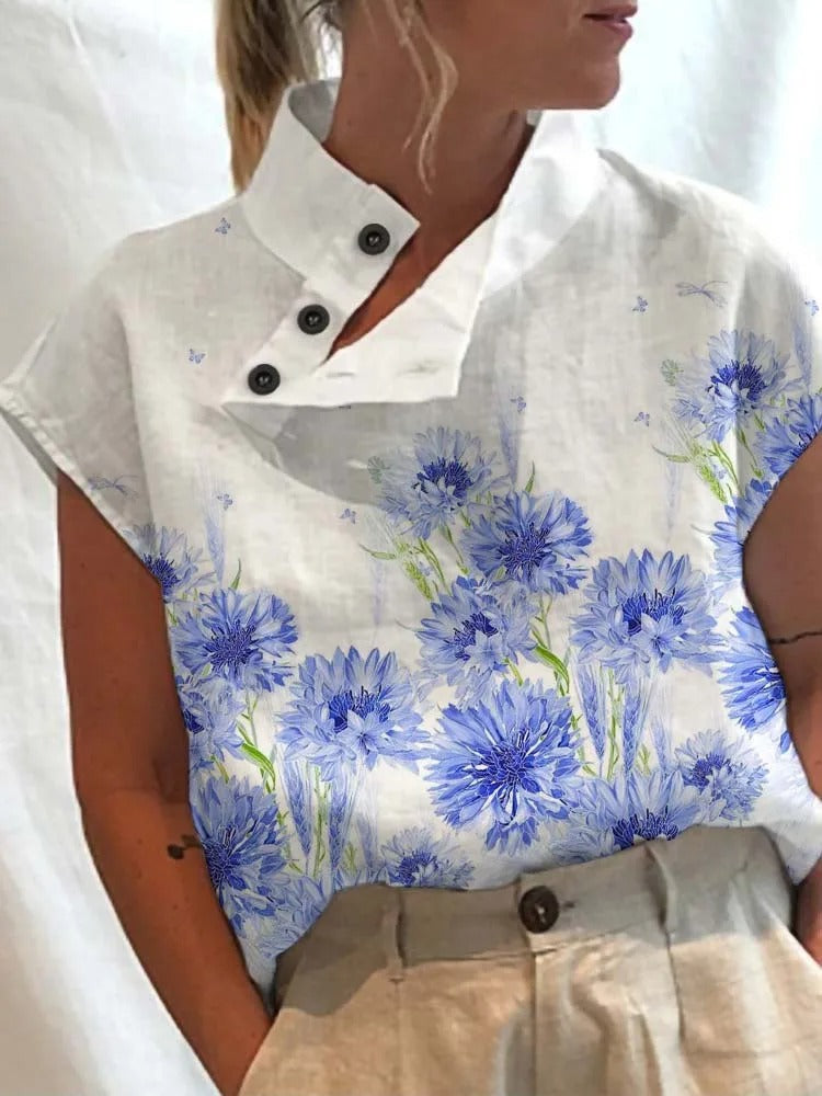 Short-sleeve blouse shirt with playful print – Felicia-Blue flowers-S-The Livary