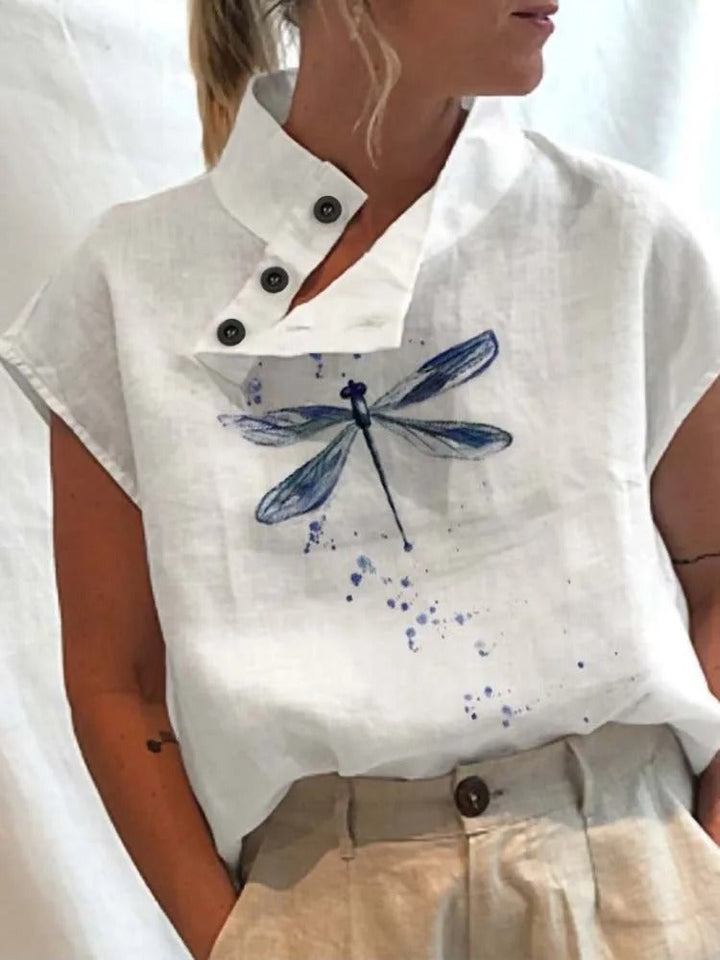 Short-sleeve blouse shirt with playful print – Felicia-Large dragonfly-S-The Livary