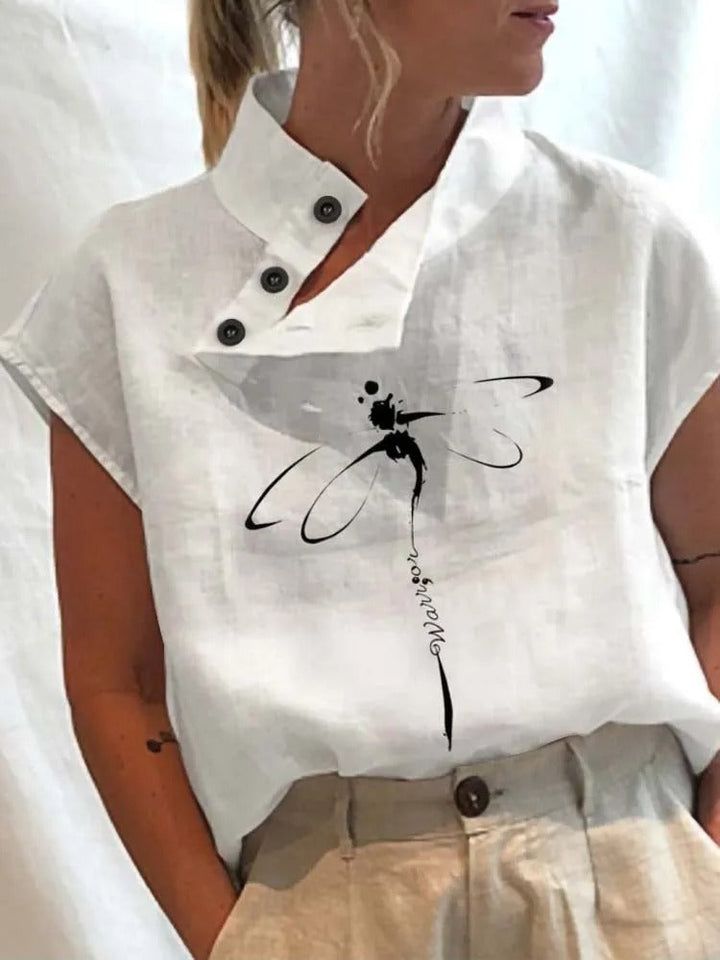 Short-sleeve blouse shirt with playful print – Felicia-Black dragonfly-S-The Livary