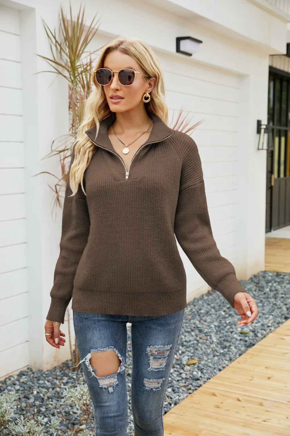 Knit Half-Zip Sweater - Sienna-Camel-S-The Livary